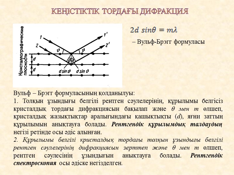 Кеңістіктік тордағы дифракция – Вульф-Брэгг формуласы Вульф – Брэгг формуласының қолданылуы: 1. Толқын ұзындығы