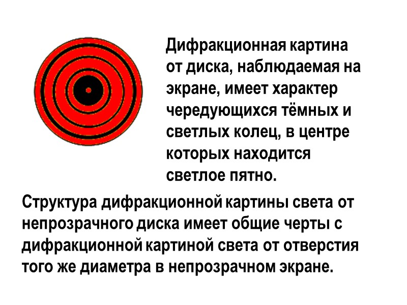 При дифракции света на круглом диске в центре картины наблюдается пятно