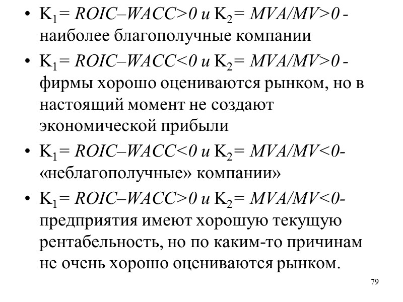 77 Перспективы роста стоимости компании отражаются показателем:  K2= MVA/MV,  где MVA –