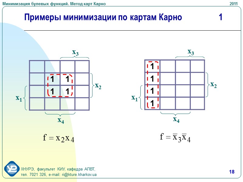 10 Упрощенный стандарт карт Карно x1 x1 x2 x2 x3 x3 x4 x1 x2