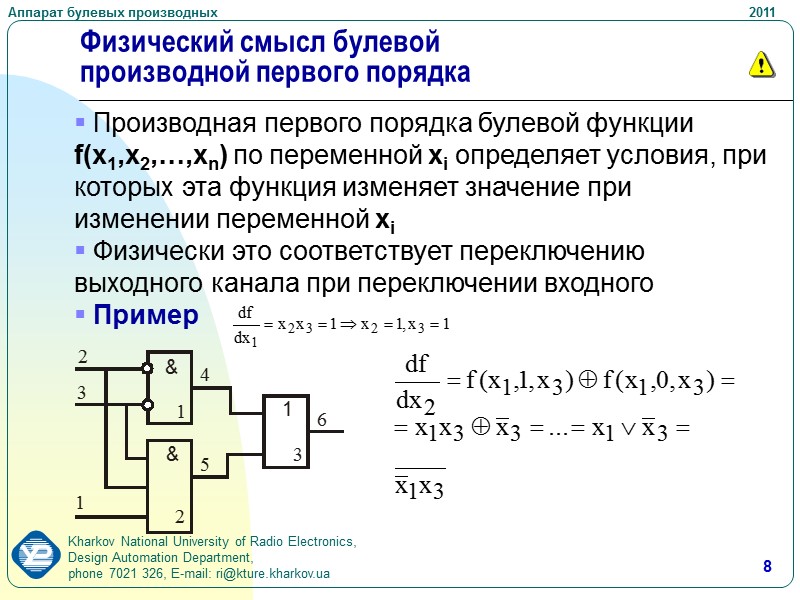 Функции первого порядка. Булевы производные первого порядка. Производная булевой функции. Вычислить производную первого порядка от булевой функции. Частные производные булевых функций.