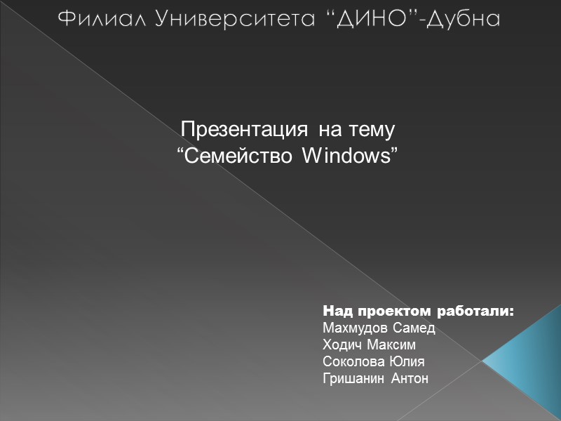 Филиал Университета “ДИНО”-Дубна   Презентация на тему  “Семейство Windows” Над проектом работали: