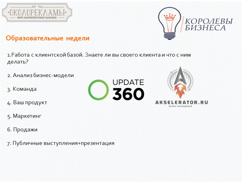 Образовательные недели    1.Работа с клиентской базой. Знаете ли вы своего клиента