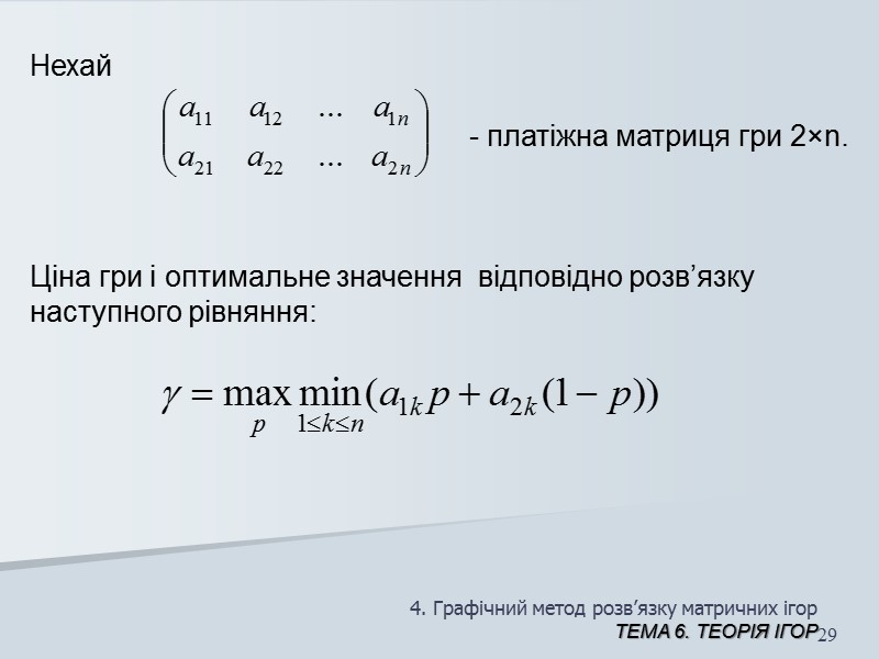 2. Методи знаходження оптимальних стратегій ТЕМА 6. Теорія ігор 22 Основна теорема теорії ігор