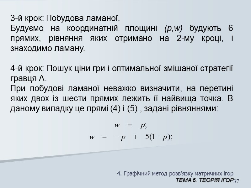 4. Графічний метод розв’язку матричних ігор ТЕМА 6. Теорія ігор 31 На площині (p,w)