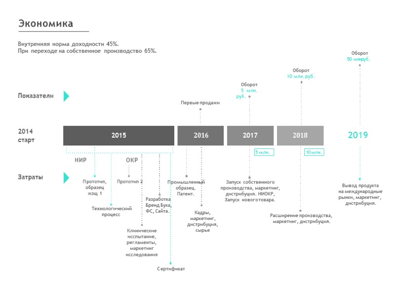 Внутренняя норма доходности 45%. При переходе на собственное производство 65%. Экономика 2014 старт 2015