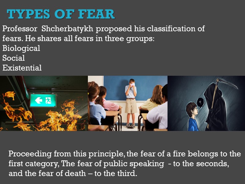 Professor  Shcherbatykh proposed his classification of fears. He shares all fears in three