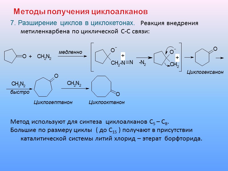 Получение соединений с помощью выданных. Реакция расширения цикла. Циклокетоны. Получение циклокетонов. Методы получения циклоалканов.