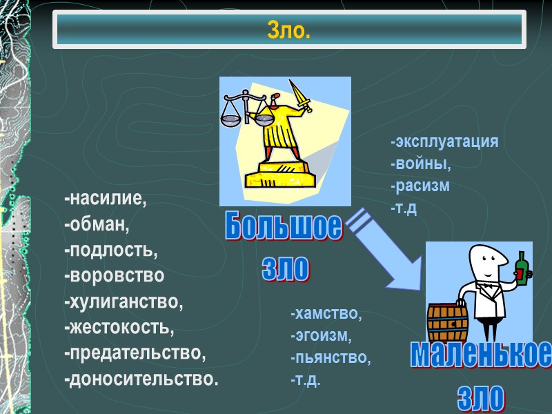 Зло.     -насилие, -обман, -подлость, -воровство -хулиганство, -жестокость, -предательство, -доносительство.