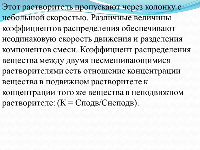 Колонка — содержит хроматографический сорбент, выполняет функцию разделения смеси на индивидуальные компоненты. Элюент —