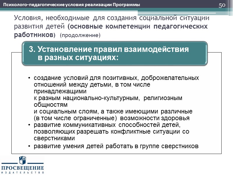 Условия, необходимые для создания социальной ситуации развития детей (основные компетенции педагогических работников)  (продолжение)