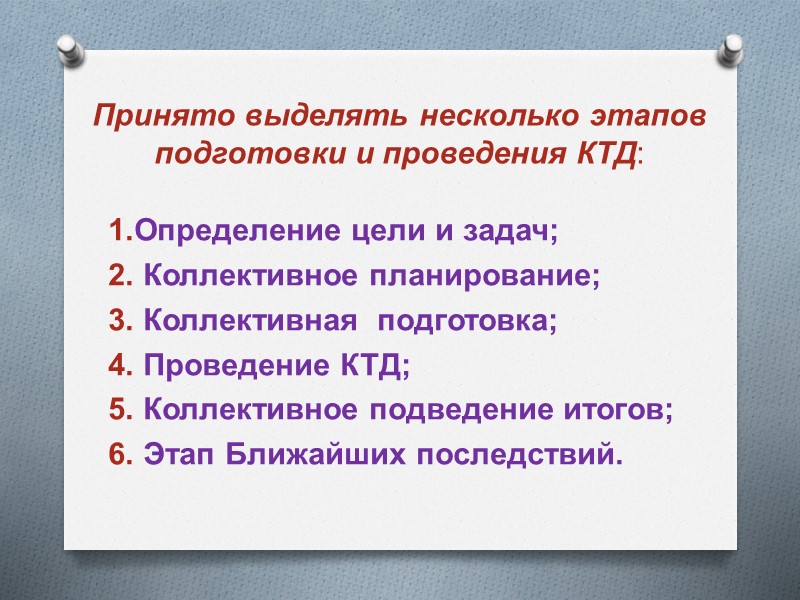 Принято выделять несколько этапов подготовки и проведения КТД: 1.Определение цели и задач; 2. Коллективное