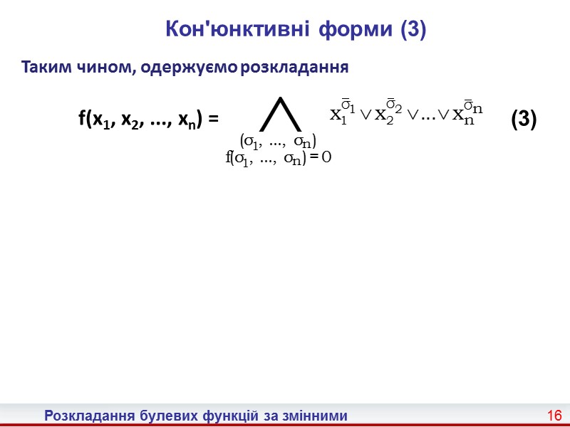 Розкладання булевих функцій за змінними 8 Означення (2)  Означення 2.6. Диз'юнкція m елементарних