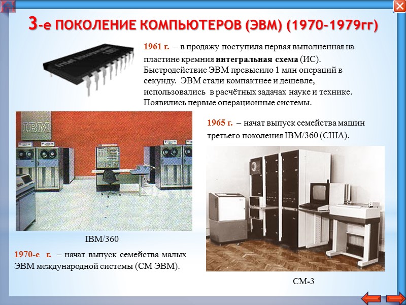 1-е ПОКОЛЕНИЕ КОМПЬЮТЕРОВ (ЭВМ) (1945-1959гг)  1953 год – в США выпущен компьютер IBM