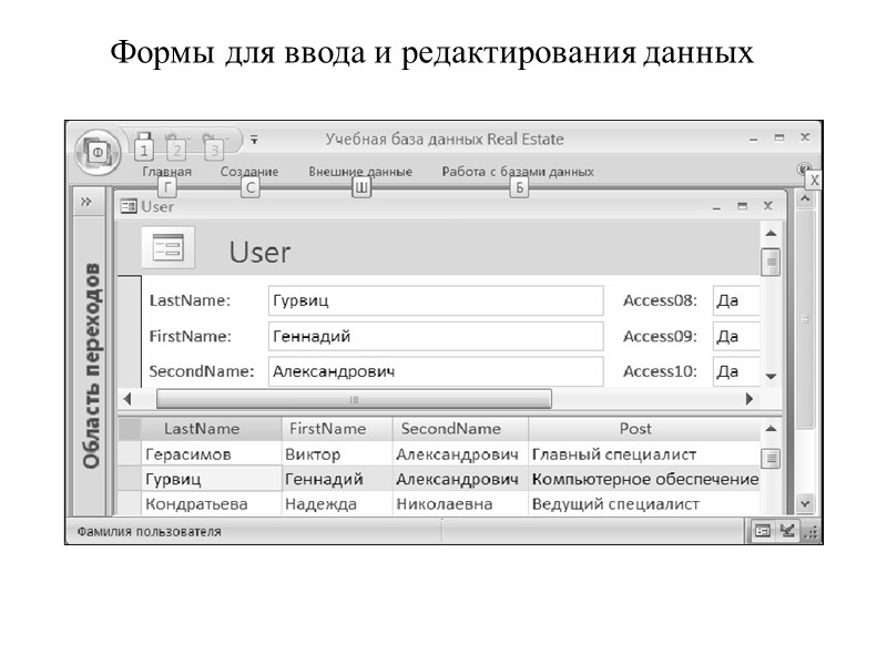 Формы для ввода и редактирования данных Элементы управления (режим конструктора): Свойства форм (режим конструктора):