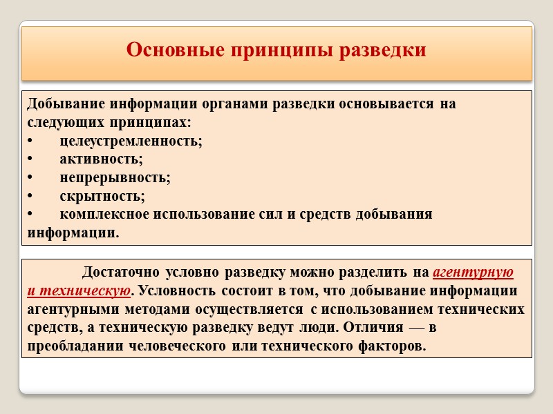 Основные принципы разведки  Добывание информации органами разведки основывается на следующих принципах: • 