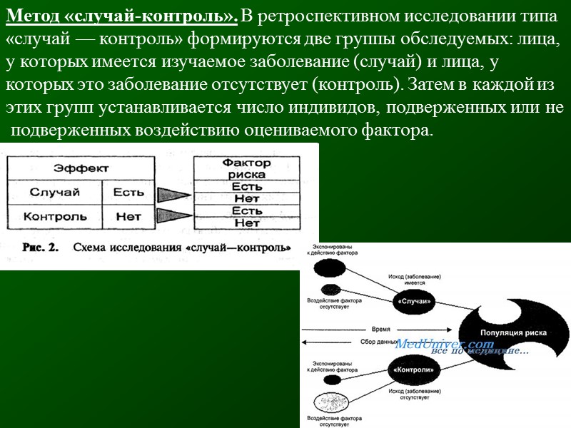 Метод «случай-контроль». В ретроспективном исследовании типа «случай — контроль» формируются две группы обследуемых: лица,