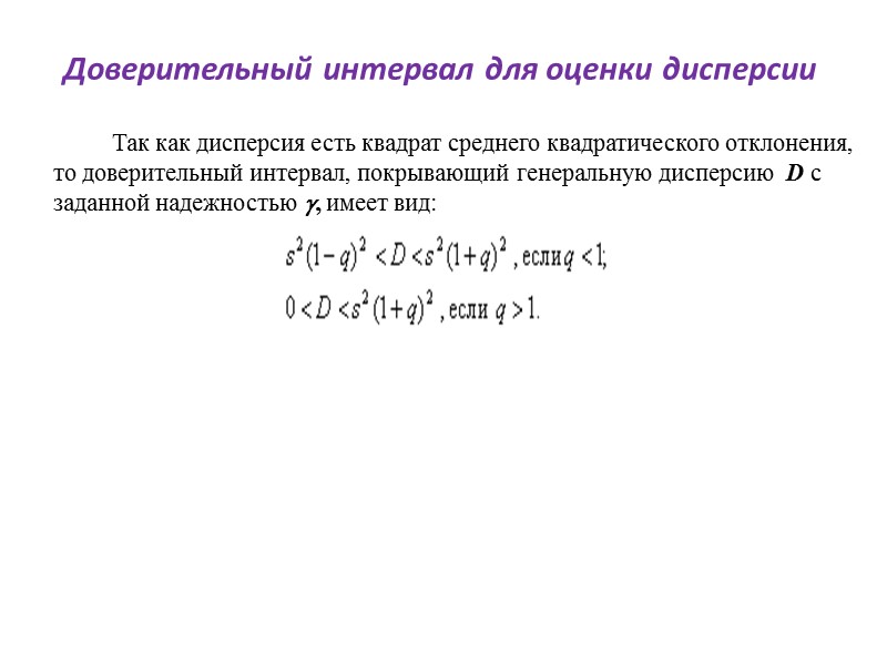 Доверительный интервал для оценки дисперсии  Так как дисперсия есть квадрат среднего квадратического отклонения,