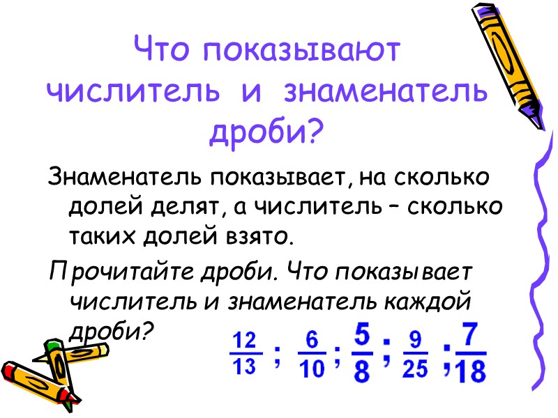 Подумай и ответь. Как образуются доли Когда один предмет или единица измерения делятся на