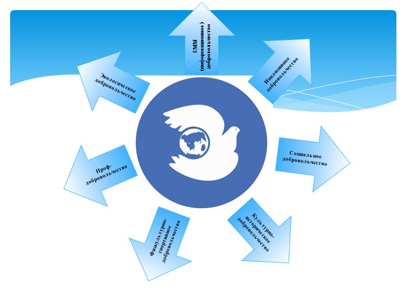 SMM (информационное) добровольчество Инклюзивное добровольчество Социальное добровольчество Культурно-историческое добровольчество Физкультурно-спортивное добровольчество Проф-добровольчество Экологическое добровольчество