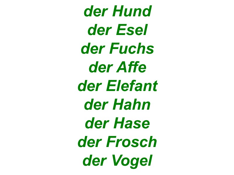 der Hund der Esel der Fuchs der Affe der Elefant der Hahn der Hase