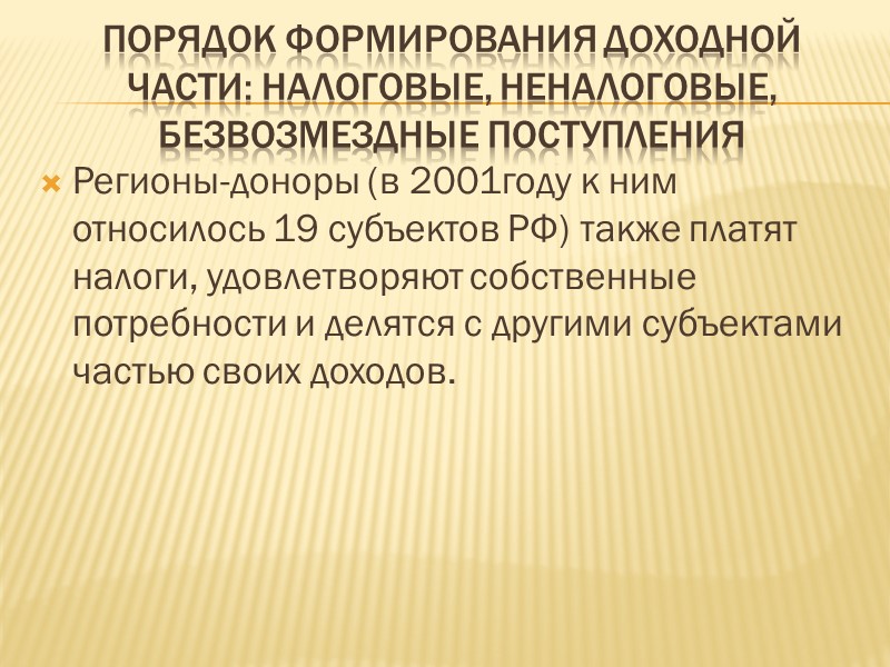 порядок формирования доходной части: налоговые, неналоговые, безвозмездные поступления Регионы-доноры (в 2001году к ним относилось