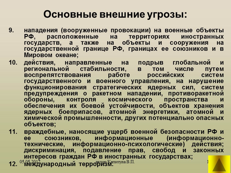 >05.05.2017 автор Капитула В.П. 5 Правовую основу Военной доктрины составляют Конституция РФ, федеральные законы