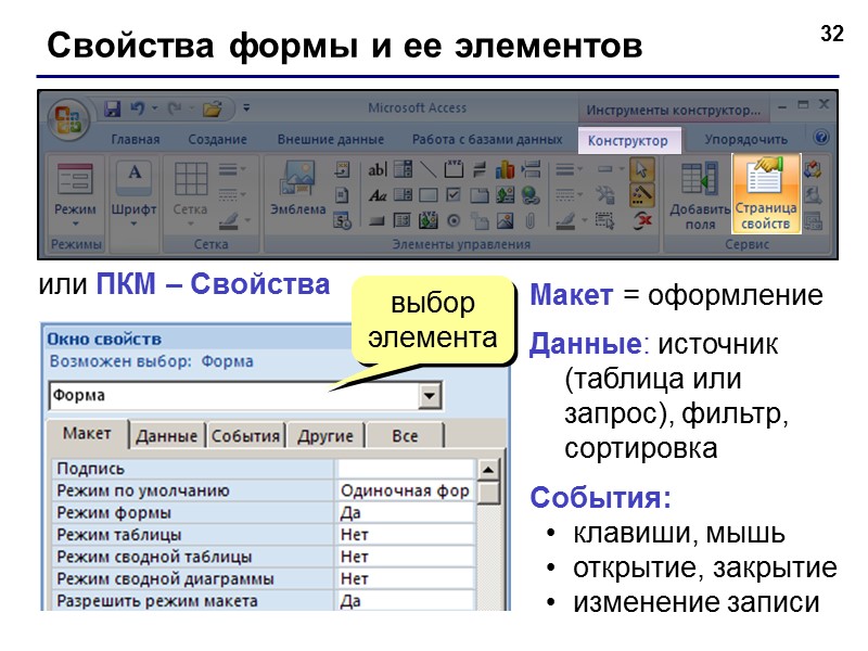 20 Свойства полей Размер поля: байт, целое, вещественное, … Формат поля: как выводить на