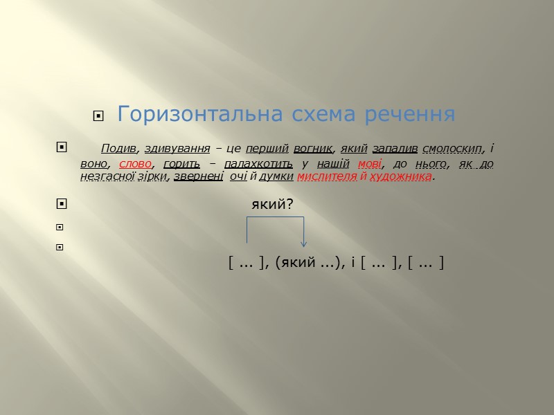 ЗРАЗКИ АНАЛІЗУ СКЛАДНОСУРЯДНОГО РЕЧЕННЯ   Зразок синтаксичного розбору складносурядного речення  Схема: горизонтальна: