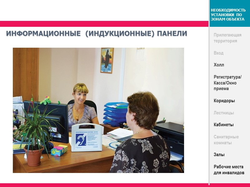 Прилегающая территория Вход Холл Регистратура/Касса/Окно приема Коридоры Лестницы Кабинеты Санитарные комнаты Залы Рабочие места