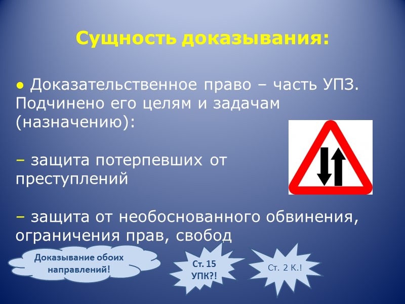 Сущность доказывания:  ● Доказательственное право ‒ часть УПЗ. Подчинено его целям и задачам