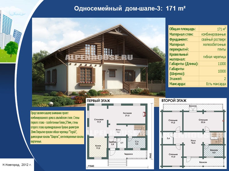 Компактность и уют. Стильный дом с мансардой: 138 m² Н.Новгород, 2012 г.