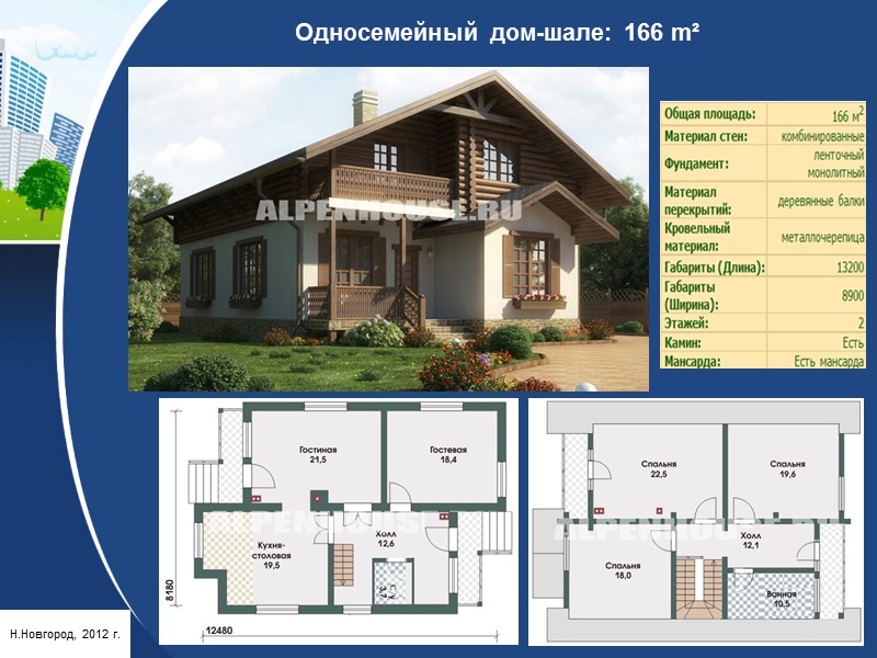 Дом с мансардой и навесом на две машины: 134 m² Н.Новгород, 2012 г.