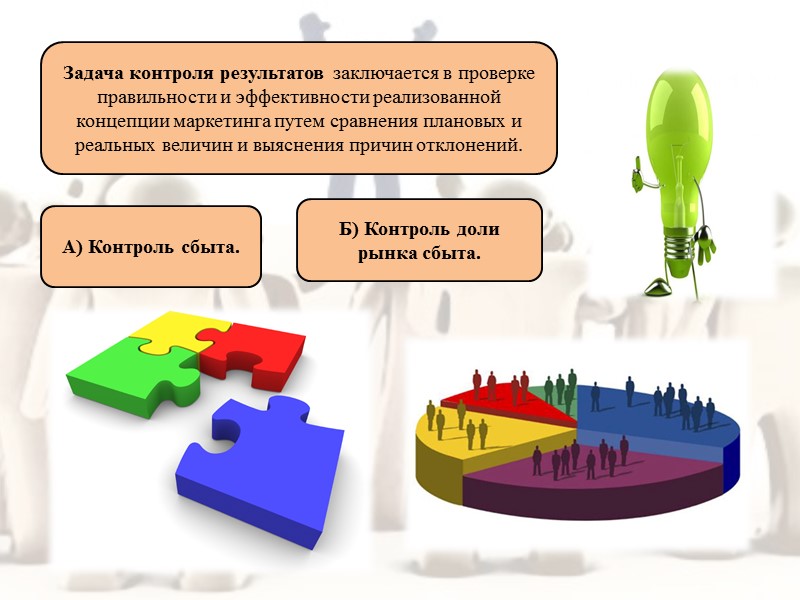 Задача контроля результатов заключается в проверке правильности и эффективности реализованной концепции маркетинга путем сравнения