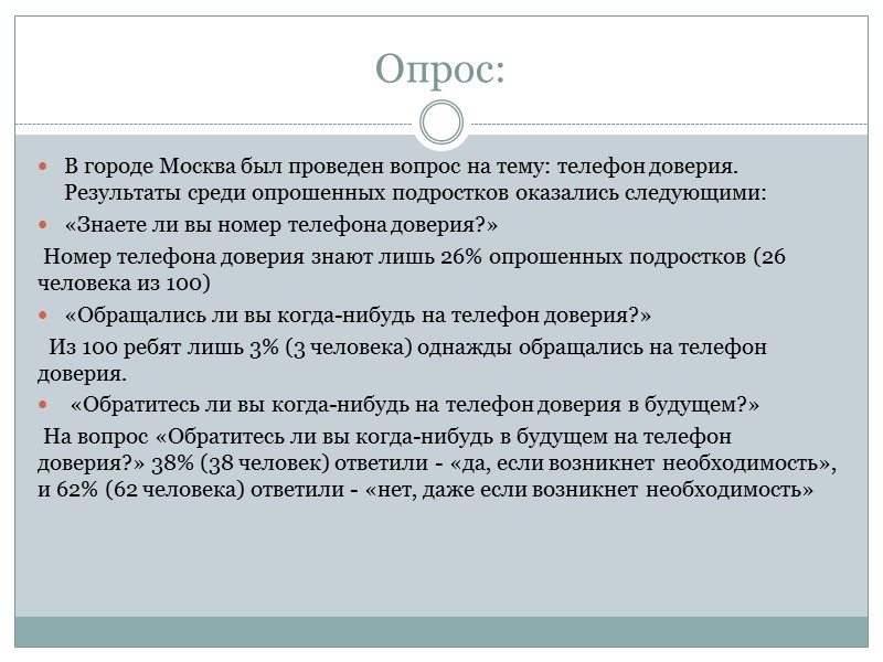 >Опрос: В городе Москва был проведен вопрос на тему: телефон доверия. Результаты среди опрошенных
