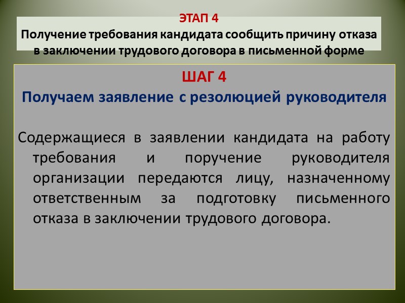 ЭТАП 4  Получение требования кандидата сообщить причину отказа в заключении трудового договора в