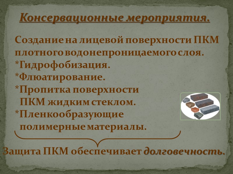 Воздействие воды. Колебания температуры. Различные газы присутствующие в воздухе. Различные микроорганизмы и растения. 