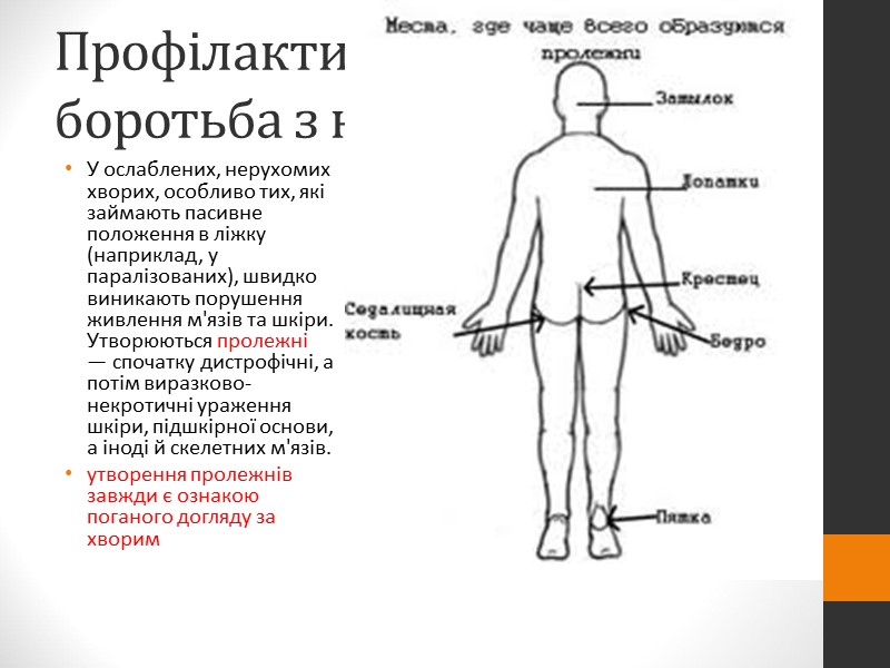 Догляд за хворими передбачає такі заходи:  1) створення гігієнічного оточення довкола хворого; 