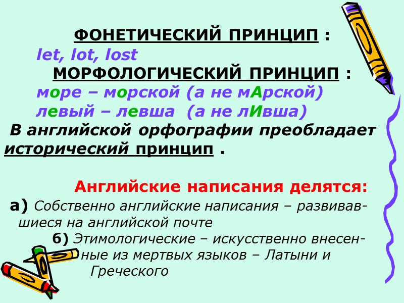 Правильность английского написания. Принципы английской орфографии. Фонетический принцип русской орфографии. Фонетический принцип английской орфографии. Правописание на английском.