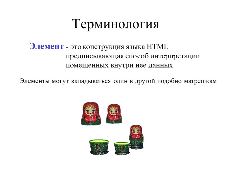 Программа-браузер HTML - документ <HTML> </HTML> <TITLE>Заголовок</TITLE> Первый абзац документа <IMG SRC=“PIC1.GIF”> ……… Последний