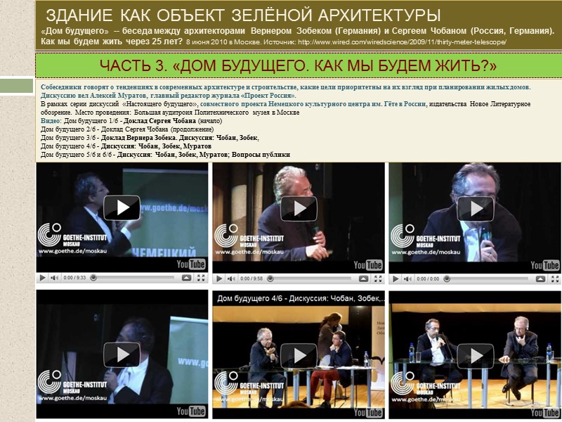 здание как объект зелёной архитектуры «Дом будущего» -- беседа между архитекторами Вернером Зобеком (Германия)