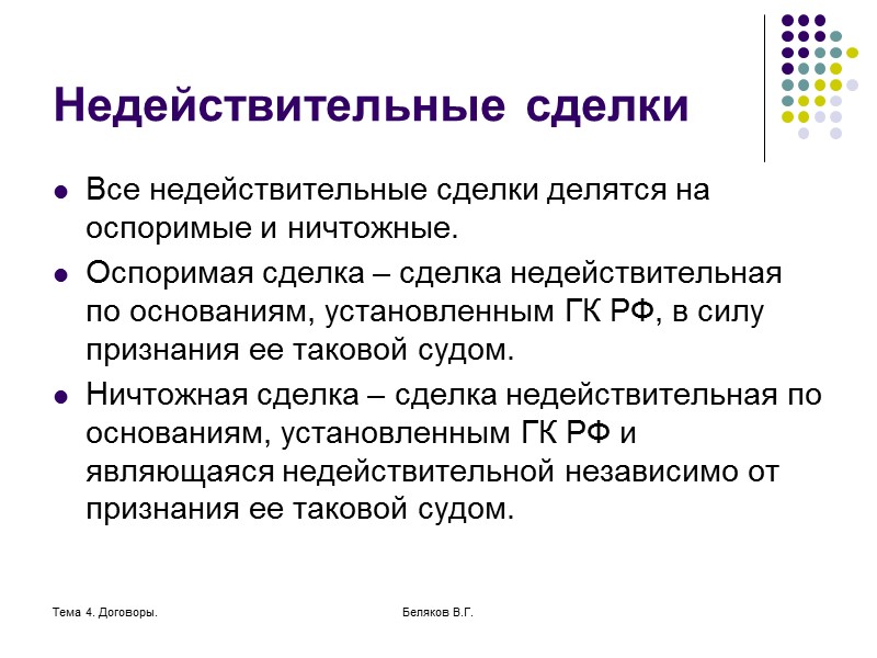 Тема 4. Договоры. Беляков В.Г. Сделка Сделки – действия граждан и юридических лиц, направленные