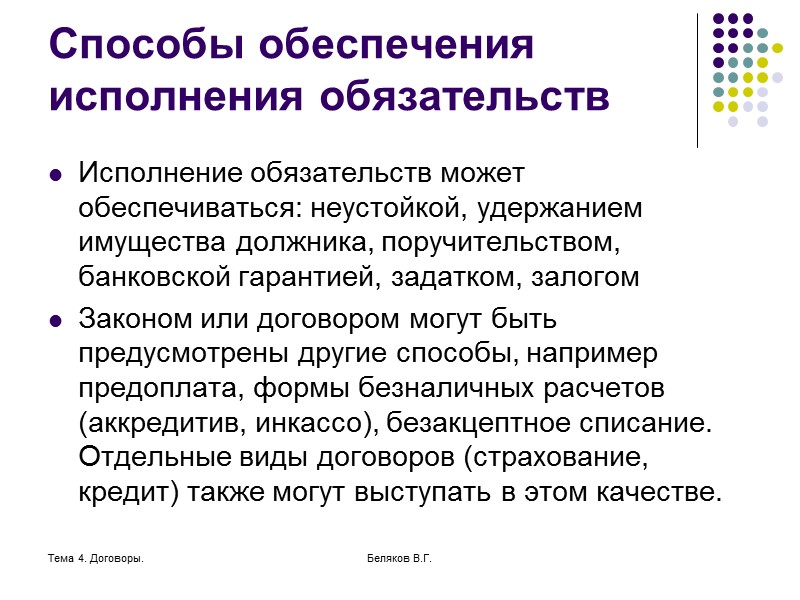 Тема 4. Договоры. Беляков В.Г. Исполнение обязательств Исполнение обязательства – совершение должником в пользу