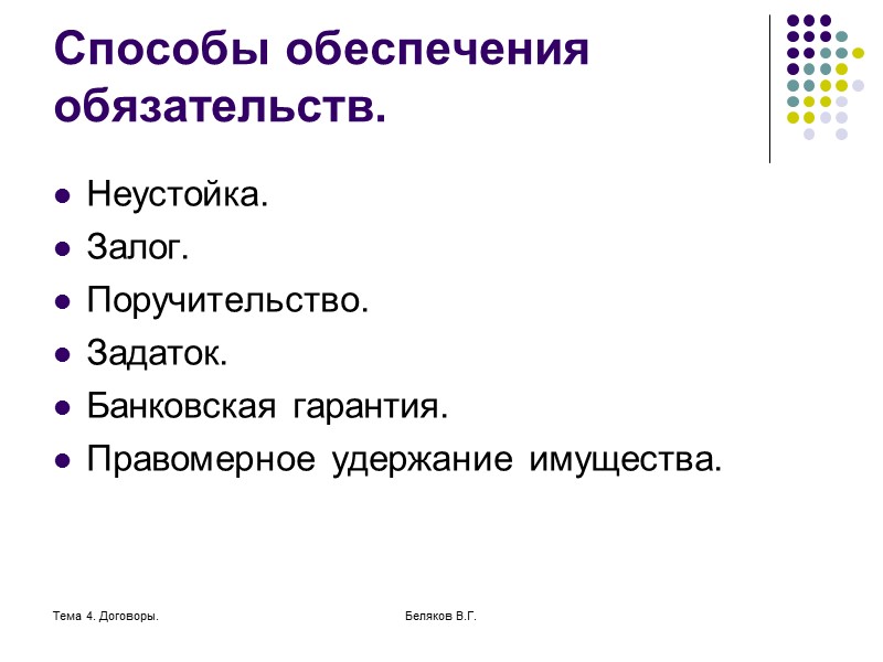 Тема 4. Договоры. Беляков В.Г. Погашение требований по денежному обязательству Сумма платежа, недостаточная для