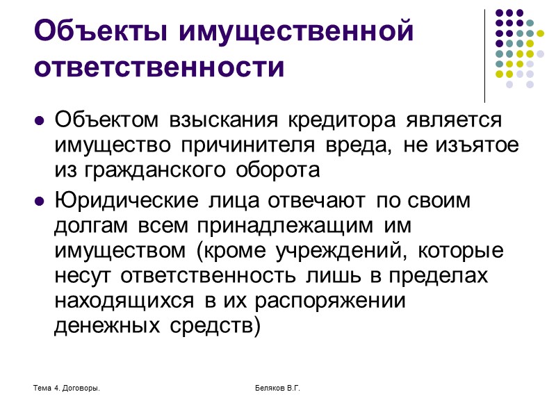 Тема 4. Договоры. Беляков В.Г. Вина правонарушителя Согласно ст.401, вина выступает в форме умысла
