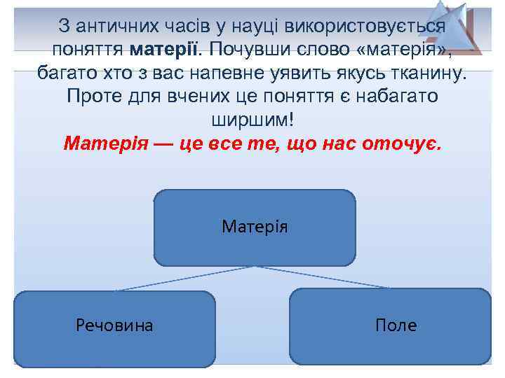 З античних часів у науці використовується поняття матерії. Почувши слово «матерія» , багато хто