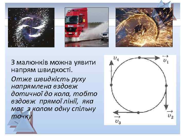 З малюнків можна уявити напрям швидкості. Отже швидкість руху напрямлена вздовж дотичної до кола,