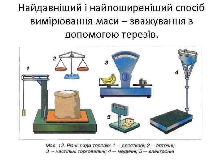 Найдавніший і найпоширеніший спосіб вимірювання маси – зважування з допомогою терезів. 