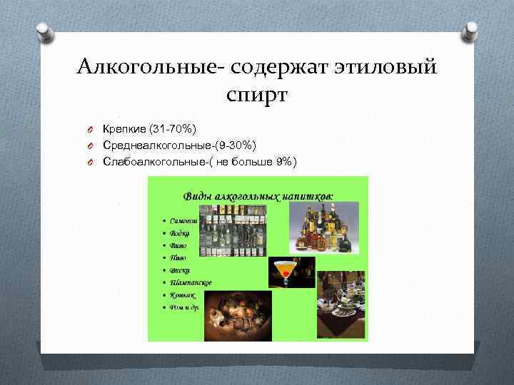 Алкогольные- содержат этиловый спирт O Крепкие (31 -70%) O Среднеалкогольные-(9 -30%) O Слабоалкогольные-( не