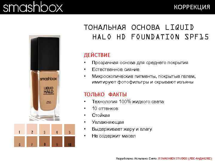 КОРРЕКЦИЯ ТОНАЛЬНАЯ ОСНОВА LIQUID HALO HD FOUNDATION SPF 15 ДЕЙСТВИЕ • • • Прозрачная